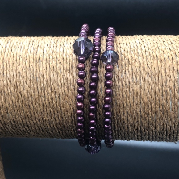 Eggplant Purple Faux Pearl 3 Coil Strand Wrap Bracelet - Picture 3 of 15